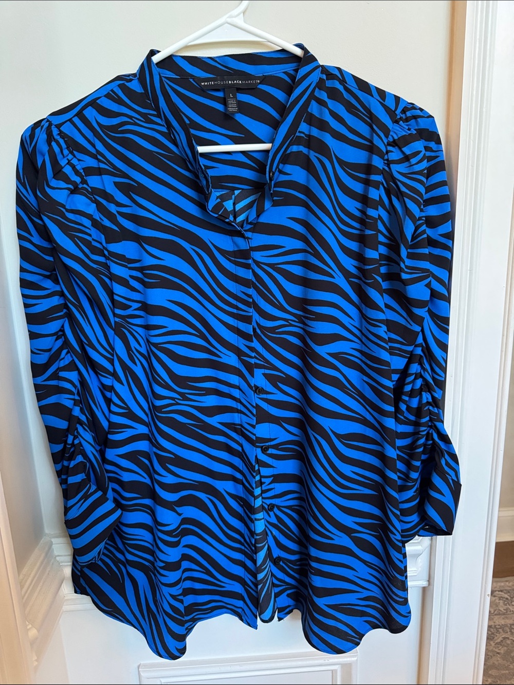 White House Black Market Blue and Black Zebra Print Button-Down Blouse